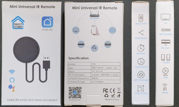 Packung des Mini Universal IR Remote Model S18 mit OpenBeken flashen